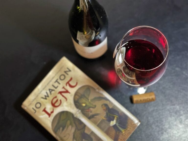 Chacra Barda Pinot Noir wine, red, bottle shot, book, wine pairing, jo walton