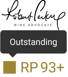Robert Parker The Wine Advocate logo stating outstanding and 93-plus points rating score