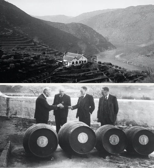 Taylor Fladgate port house among the vineyards. Second photo four men behind barrels of port wine